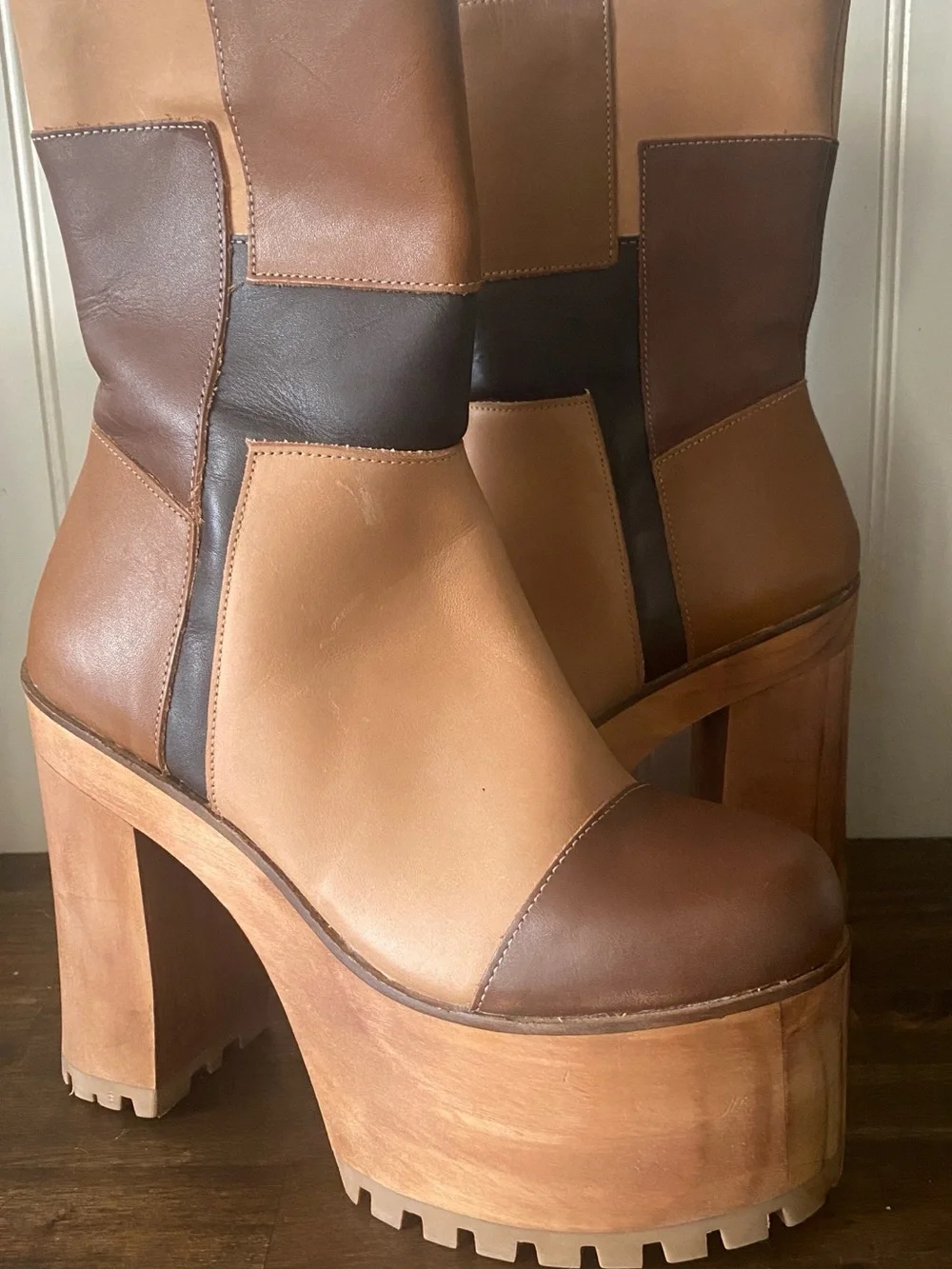 Steve Madden Two-Tone Brown Leather Platform Mid-Calf Boots